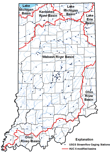 Indiana map showing U S G S streamflow gaging stations and drainage basins 