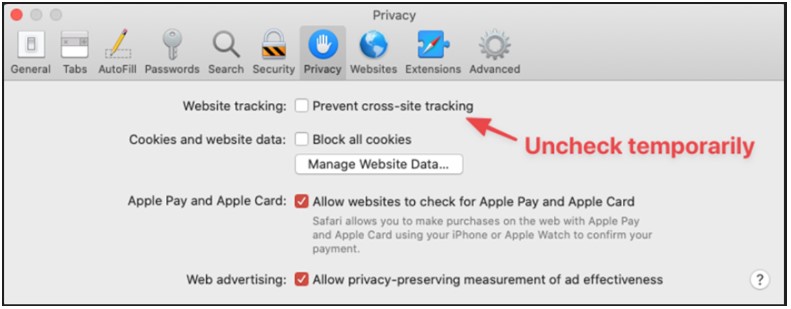 For the Applicant/Subrecipient portal, if you are using an Apple Safari web browser, please be sure to have the latest version and uncheck the box for Prevent cross-site tracking under Settings then Privacy