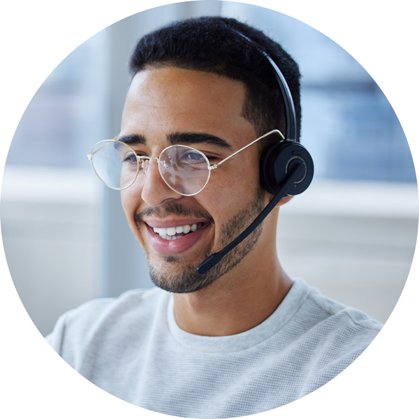 young male customer service rep on his headset