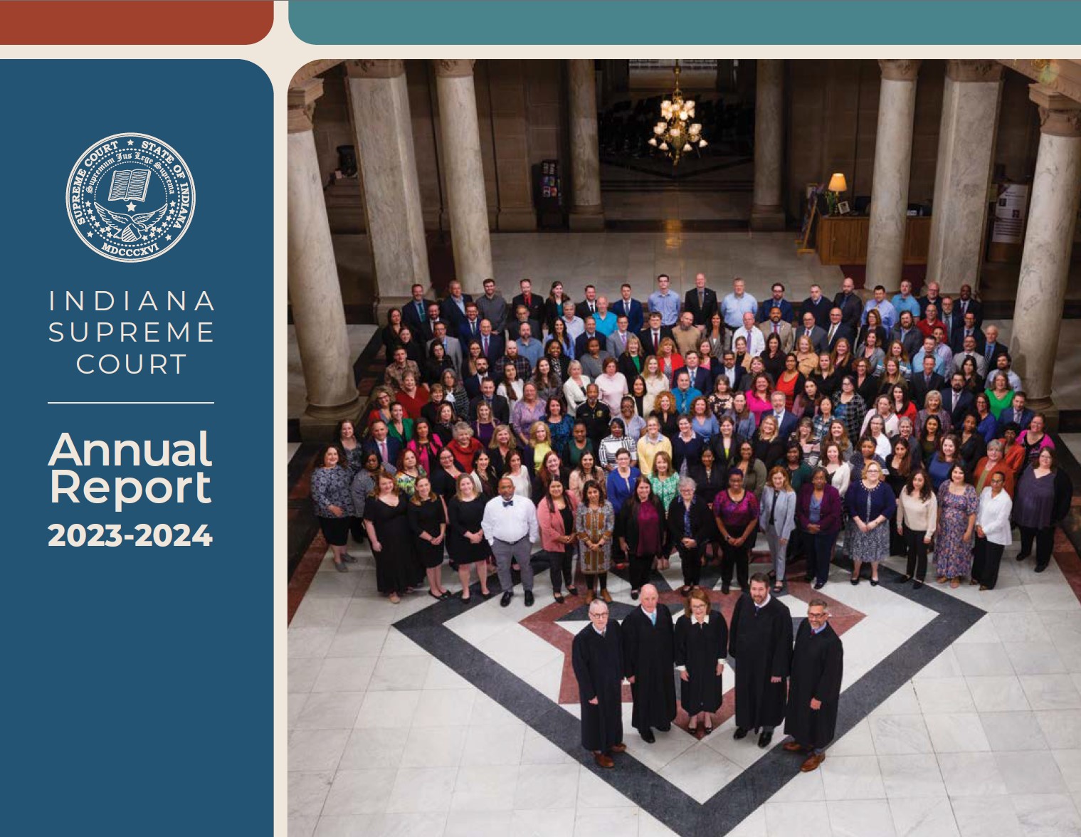 Cover image from the 2023-2024 Supreme Court Annual Report showing the court members and their administrative staff in the Indiana Statehouse.