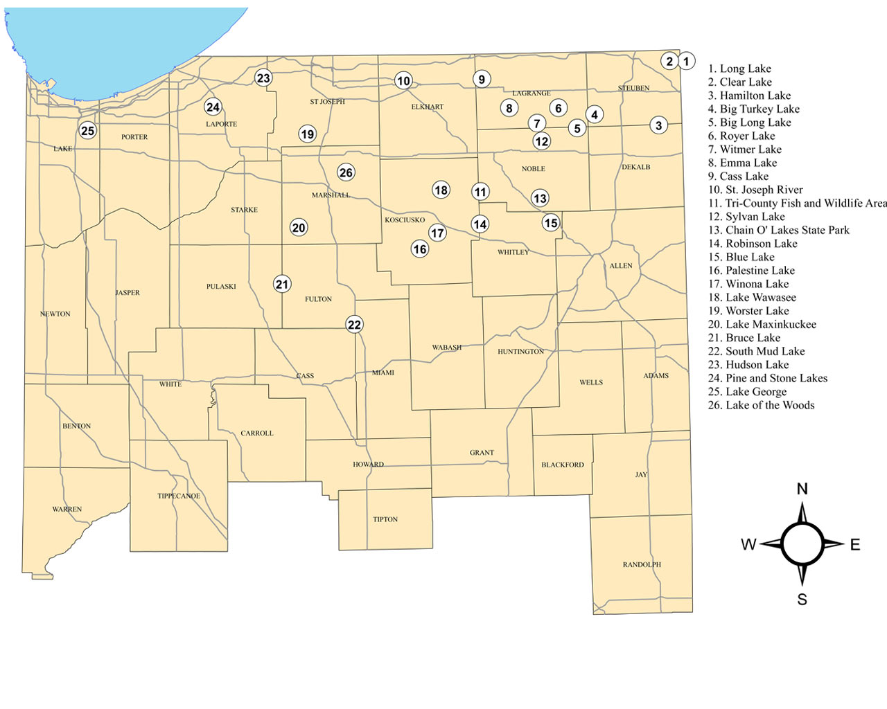 1. Long Lake, 2. Clear Lake, 3. Hamilton Lake, 4. Big Turkey Lake, 5. Big Long Lake, 6. Royer Lake, 7. Witmer Lake, 8. Emma Lake, 9. Cass Lake, 10., St. Joseph River, 11. Tri-County FWA, 12. Sylvan Lake, 13. Chain O’Lakes State Park, 14. Robinson Lake, 15. Blue Lake, 16. Palestine Lake, 17. Winona Lake, 18. Lake Wawasee, 19. Worster Lake, 20. Lake Maxinkuckee, 21. Bruce Lake, 22. South Mud Lake, 23. Hudson Lake, 24, Pine and Stone lakes, 25. Lake George, 26. Lake of the Woods