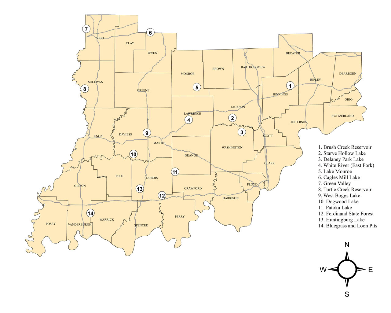 Southern Indiana Largemouth Bass Fishing Locations 1.Brush Creek Reservoir, 2. Starved Hollow Lake, 3. Delaney Park Lake, 4. White River (East Fork), 5. Lake Monroe, 6. Cagles Mill Lake, 7. Green Valley, 8. Turtle Creek Reservoir, 9. West Boggs Lake, 10. Dogwood Lake, 11. Patoka Lake, 12. Ferdinand State Forest, 13. Huntingburg Lake, 14. Bluegrass and Loon pits.