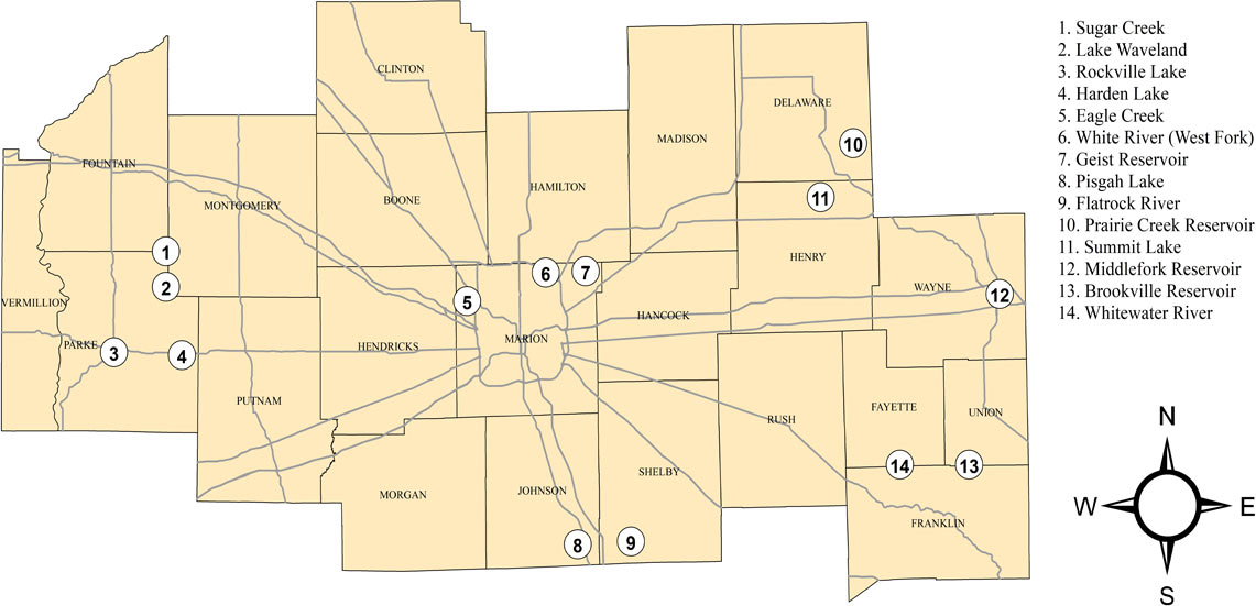 Central Indiana Largemouth Bass Locations 1. Sugar Creek, 2. Lake Waveland, 3. Rockville Lake, 4. Harden Lake, 5. Eagle Creek, 6. White River (West Fork), 7. Geist Reservoir, 8. Pisgah Lake, Flatrock River, 10. Prairie Creek Reservoir, 11. Summit Lake, 12. Middlefork Reservoir, 13. Brookville Reservoir, 14. Whitewater River