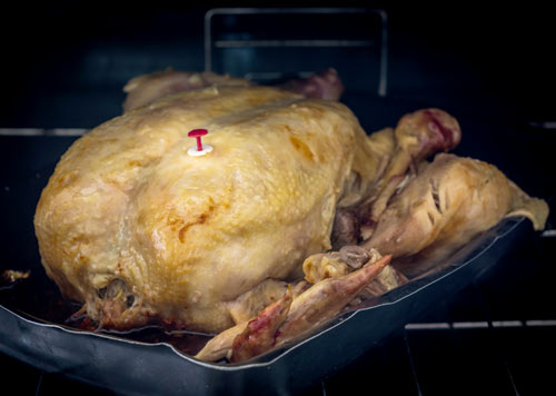 Roasted turkey in pan inside oven