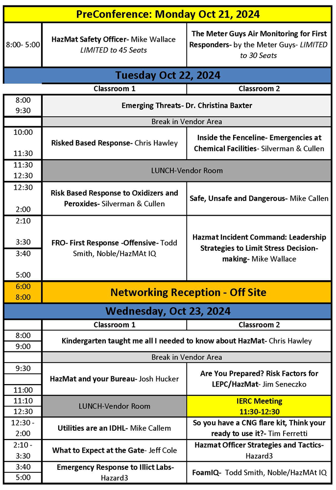 Hazmat Conference schedule graphic