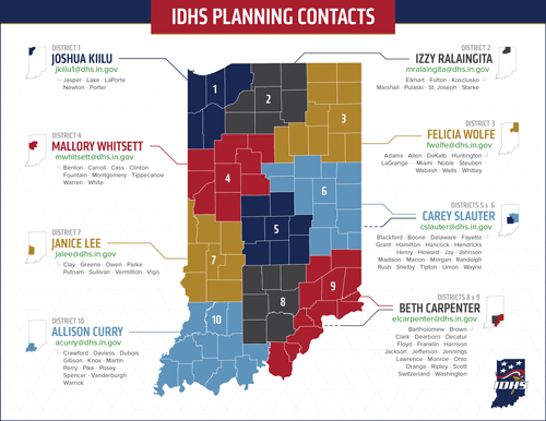 Map of Indiana counties with color-coded districts with numbers and people's contact info