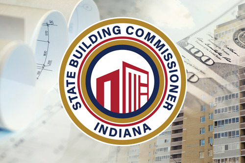 State Building Commissioner logo over building plans and building
