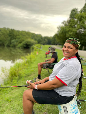 Women fishing on bank