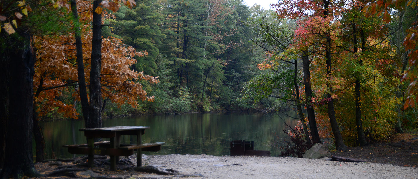picnic table next to a lake and autumn trees