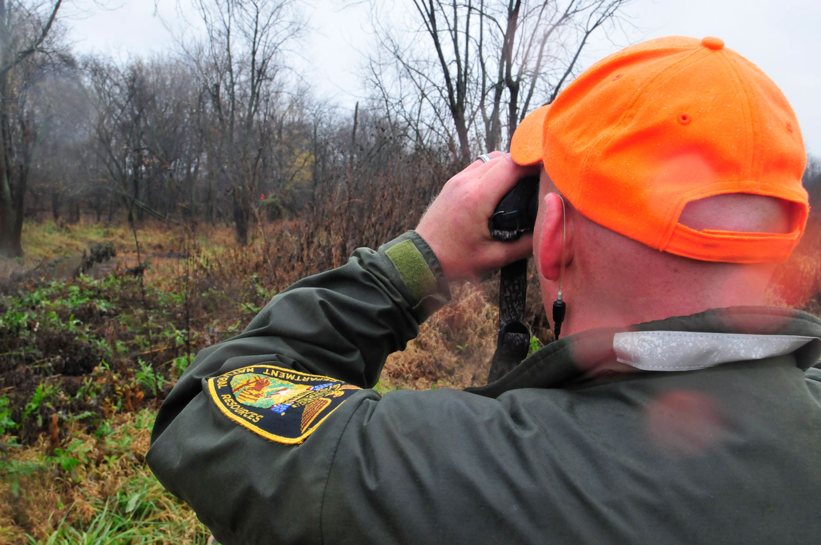 Person with binoculars looking over field