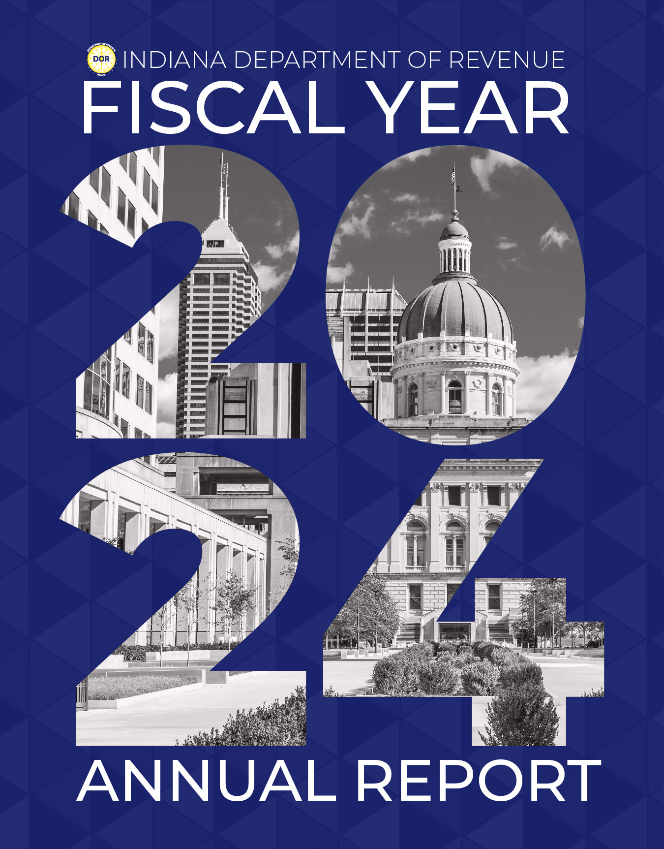 Cover of the Indiana Department of Revenue 2024 Annual Report with a picture or the state house