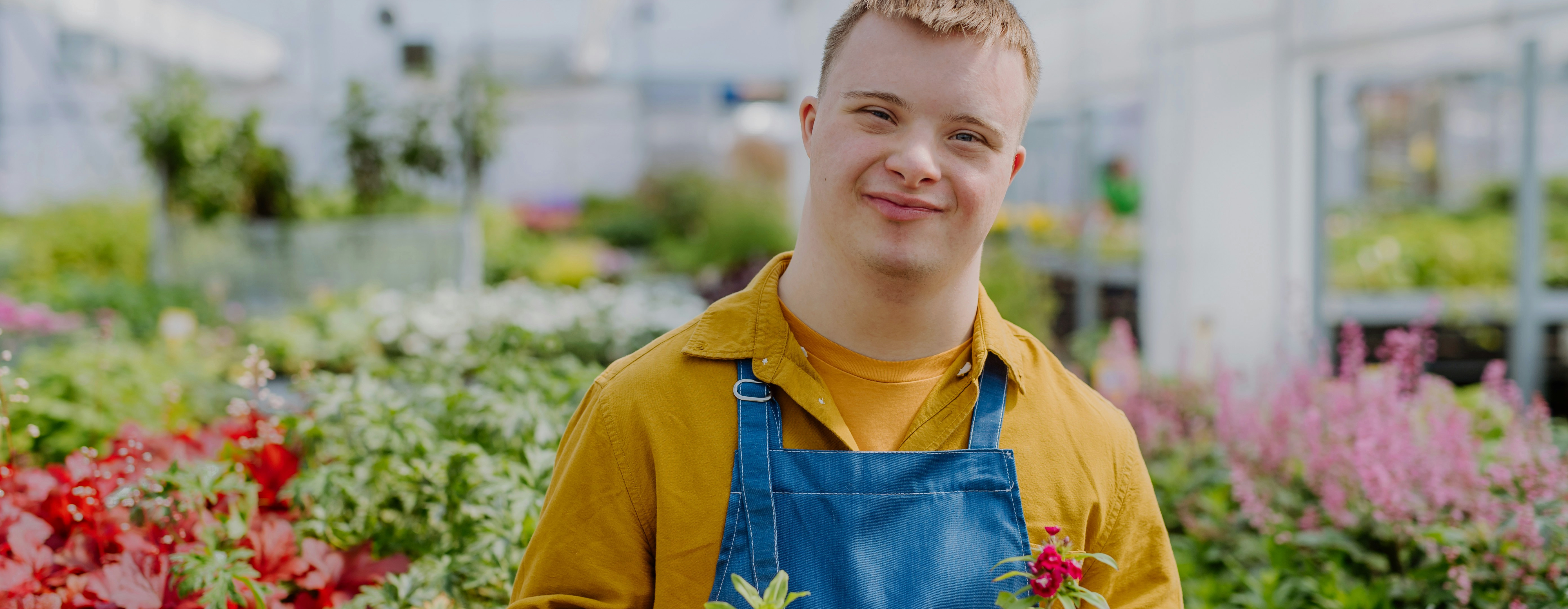Photo of a young white man with Down syndrome, gently smiling and standing in a glass greenhouse, holding two potted plants.