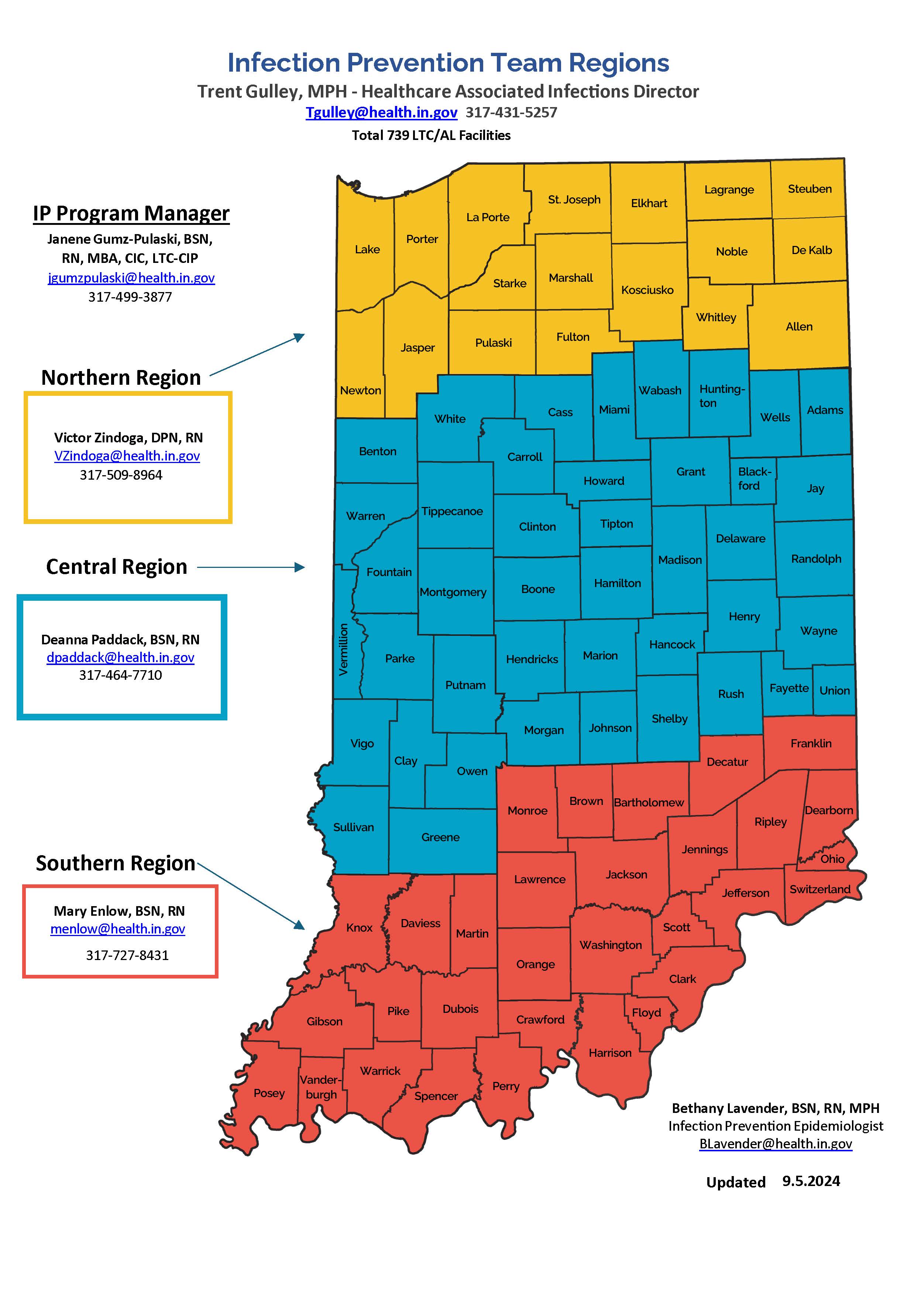 Map of IDOH's infection prevention regions with contacts listed.