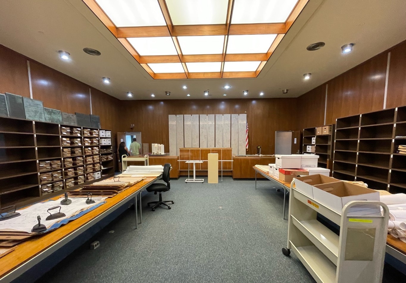 The City-County Archive exists inside of the old circuit court rooms, so this room, which now serves as a vault, was originally a court room, with the Judge’s desk still exactly in the same place as it was when this room functioned as a court room. 