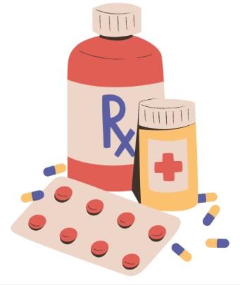 An RX bottle, a bottle with a red cross on it, a packet of pills and other loose pills.