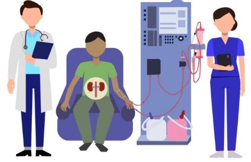 A man receives dialysis treatment while being monitored by a nurse and doctor.