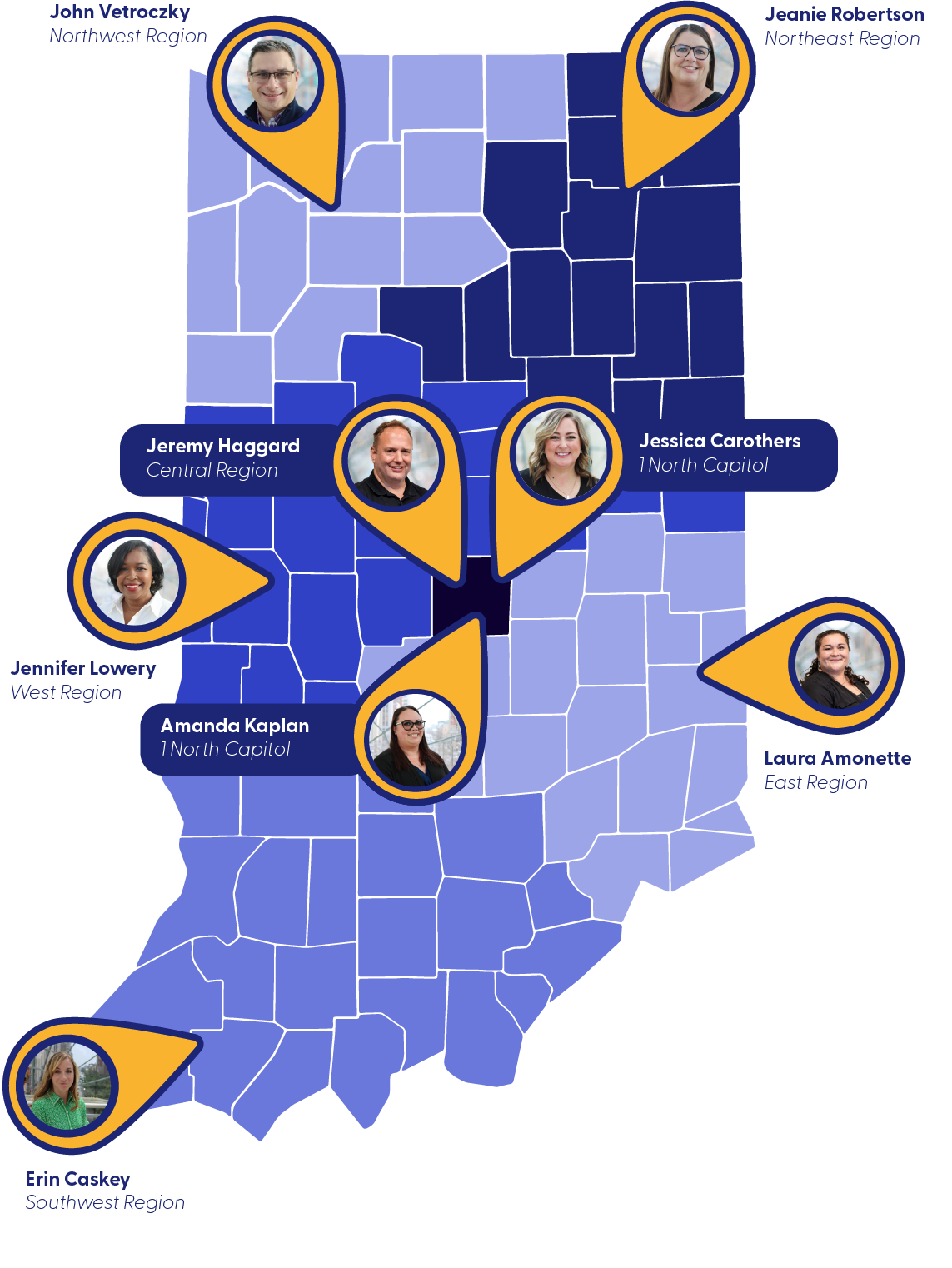 Counselor Map Map of Indiana with counselors by region